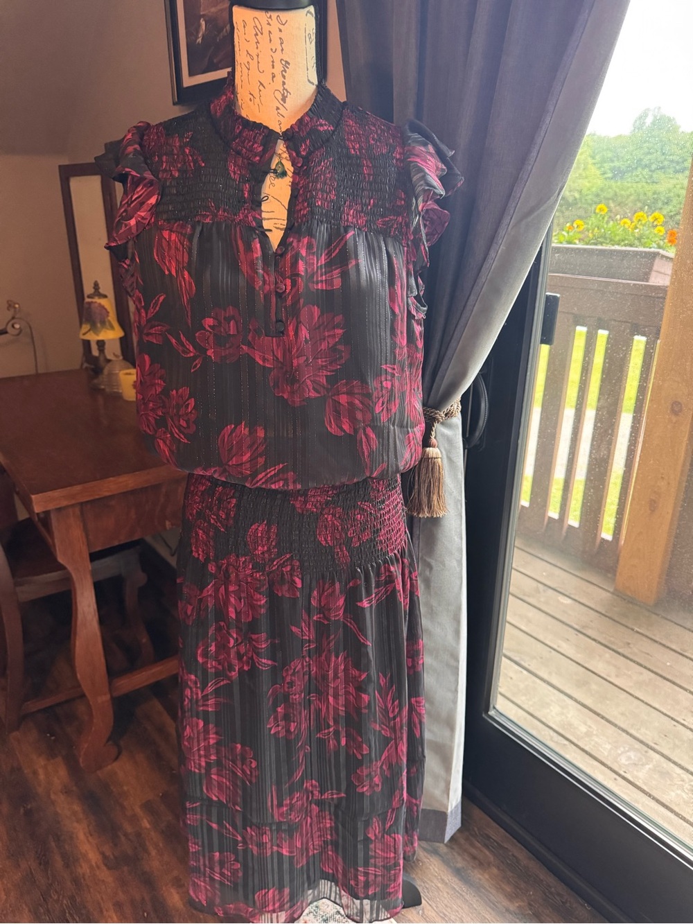 White House Black Market Black Midi Dress with Magenta Floral Print - Picture 2 of 14